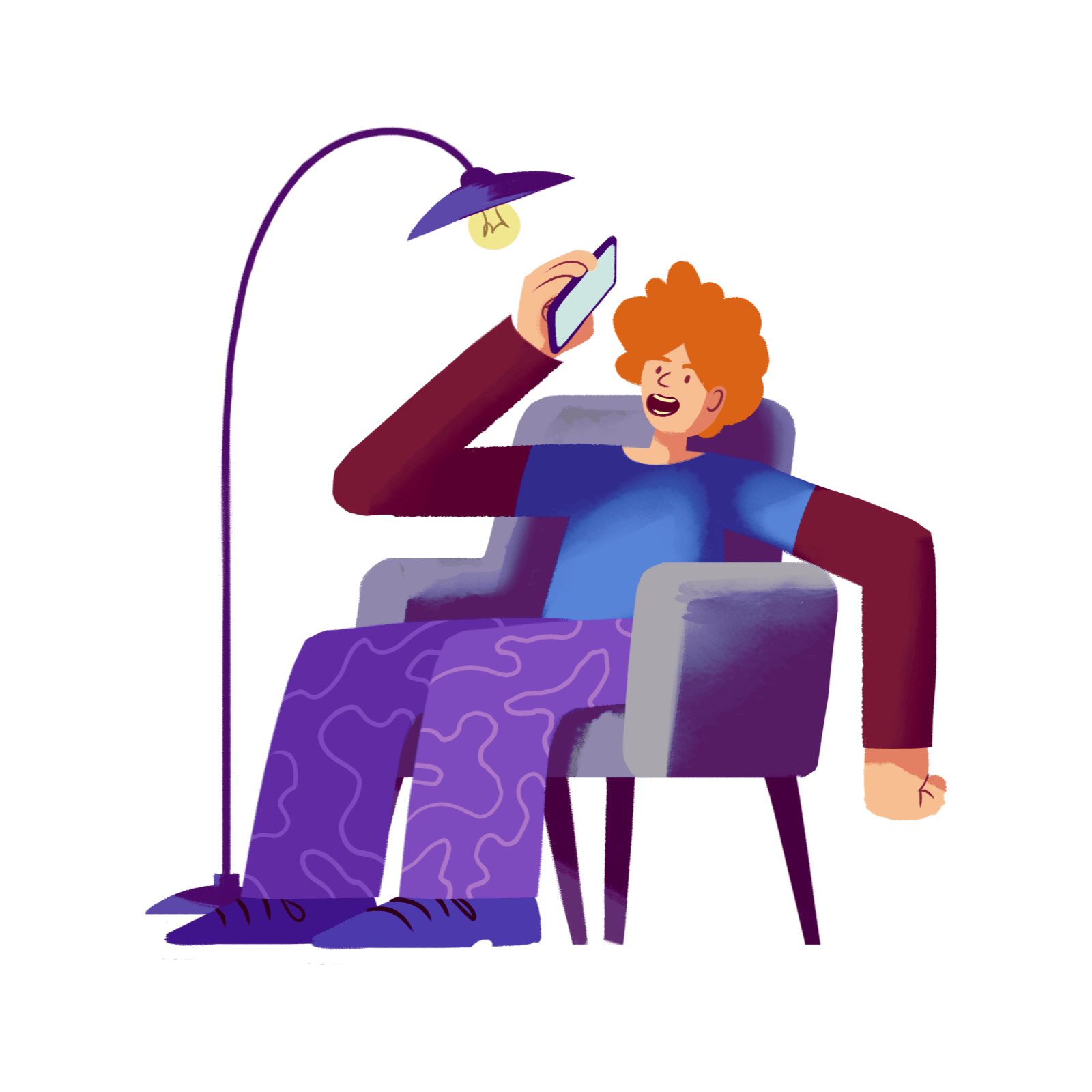 Person on their phone, sitting in an armchair, under a lamp